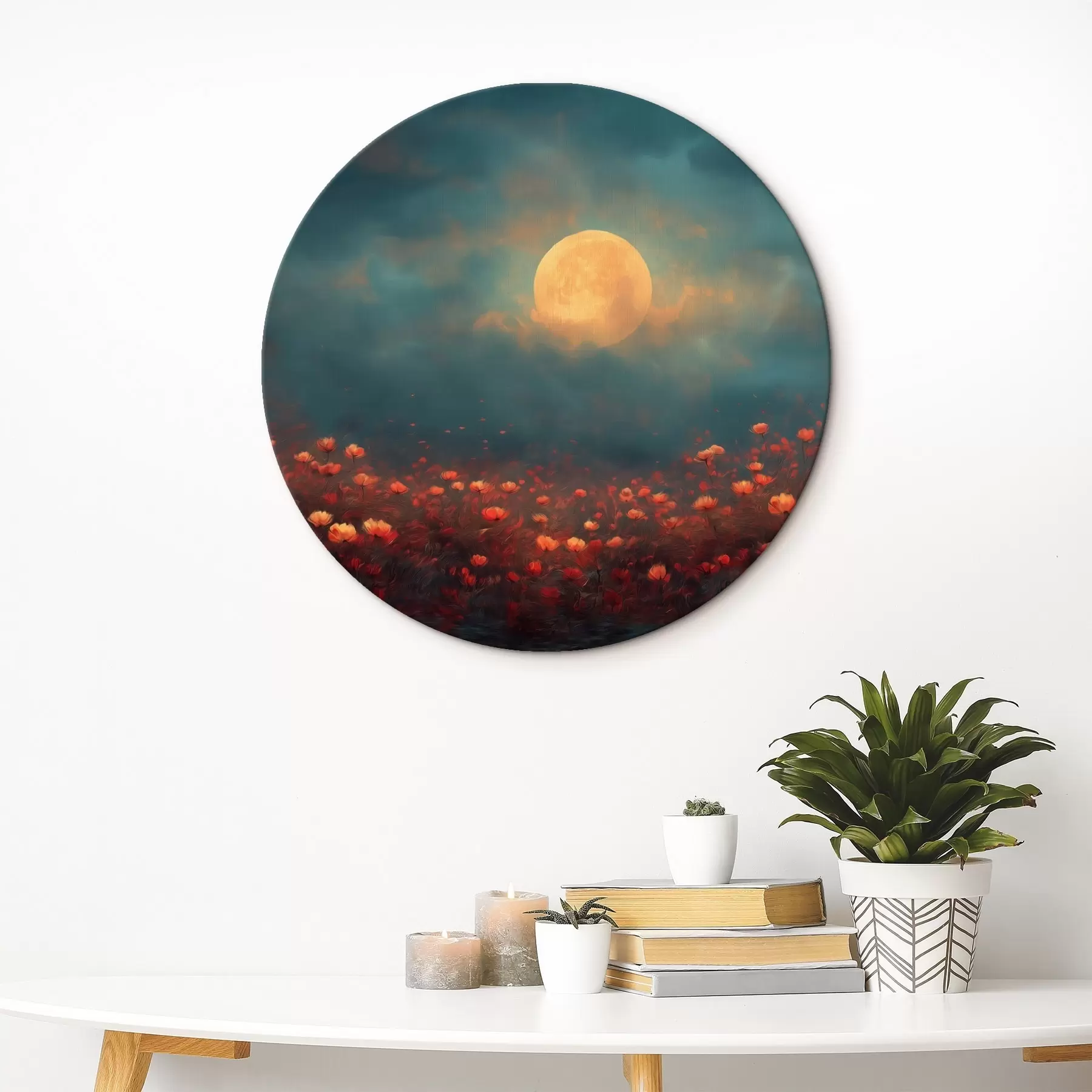 carta da parati Luna sopra un campo di fiori rossi in un cielo serale nebbioso nr. r46167