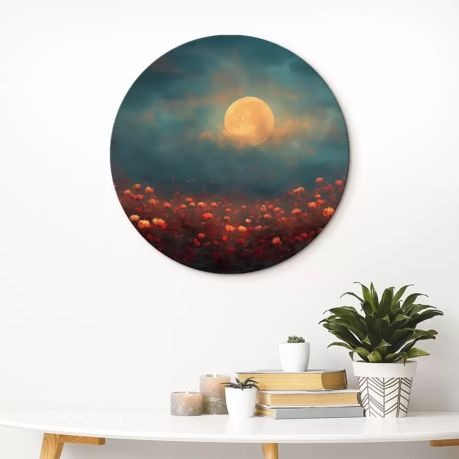 carta da parati Luna sopra un campo di fiori rossi in un cielo serale nebbioso nr. r46167