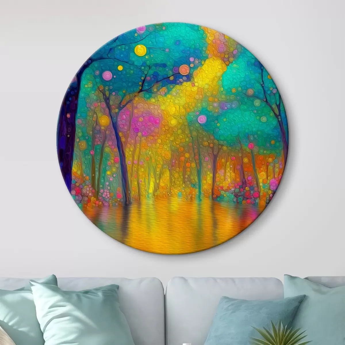 Quadri rotondi Foresta fantastica dai colori vivaci con riflessi nell'acqua r46171