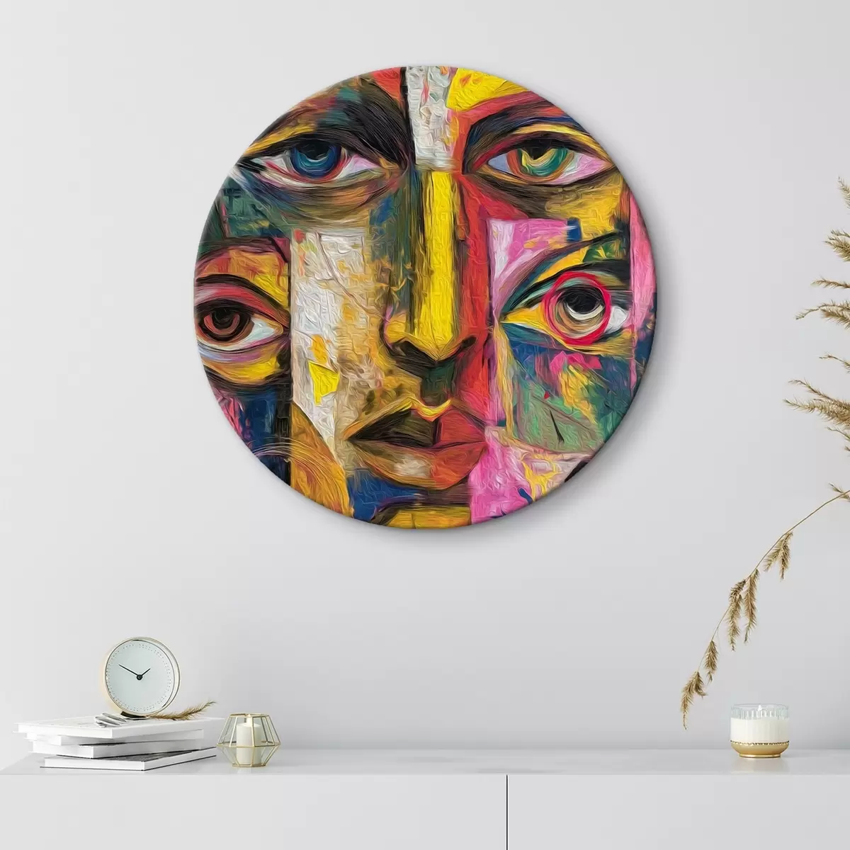 Quadri rotondi Volto astratto con forme geometriche luminose r46175