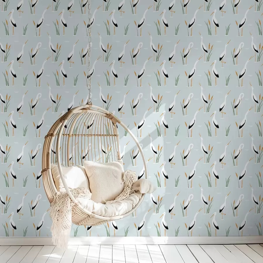 carta da parati Aironi tra i canneti su uno sfondo blu tenue nr. a00650v1