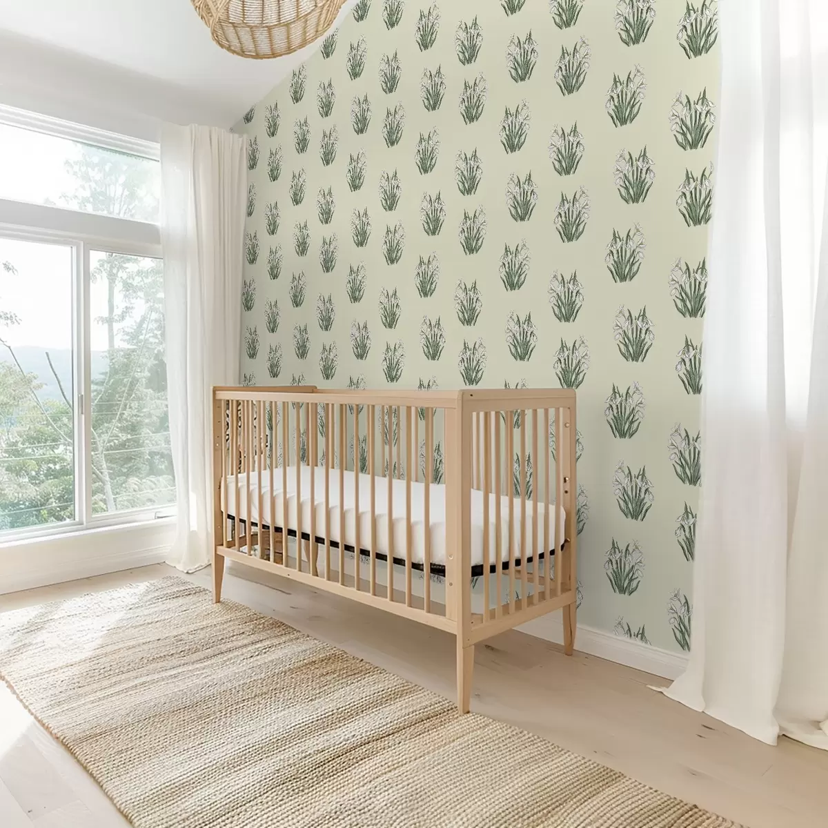 Carta da parati Bucaneve con foglie verdi su sfondo color crema a00651v2