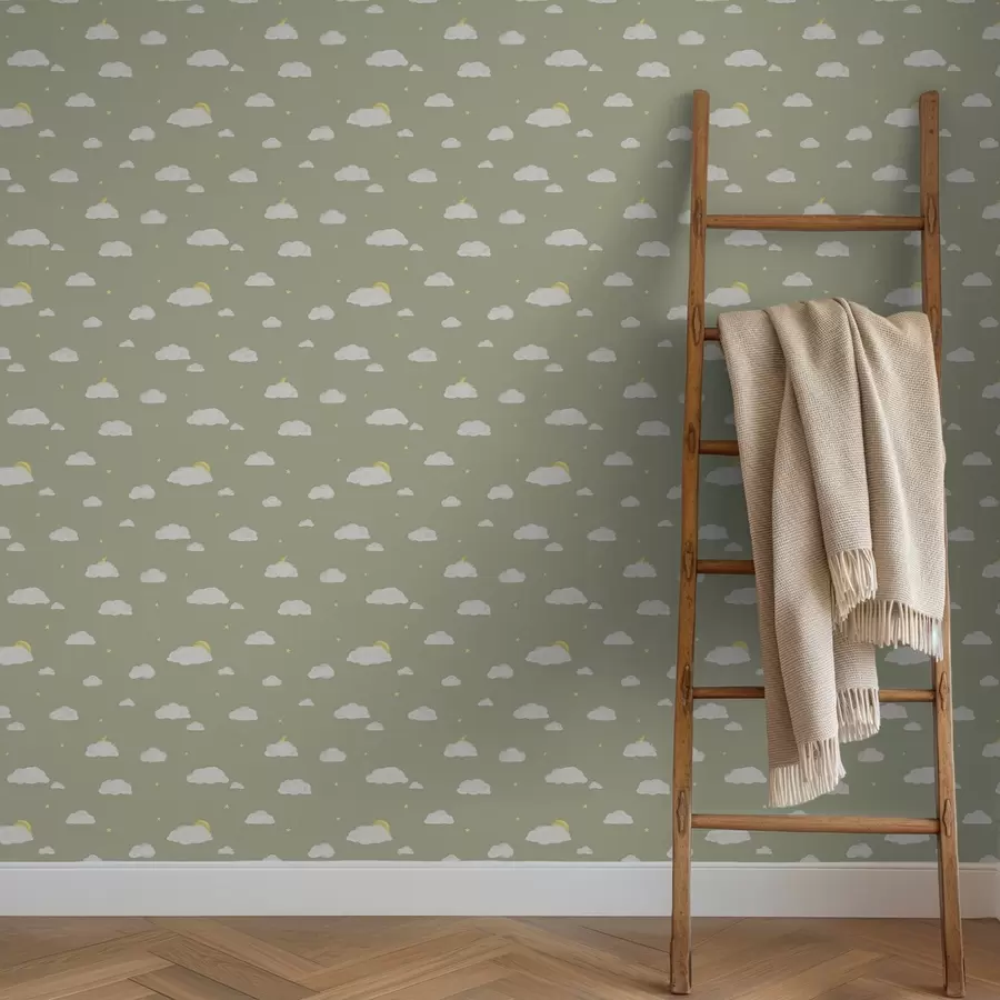 carta da parati Nuvole morbide, stelle e sole su uno sfondo grigio-verdastro nr. a00652v1