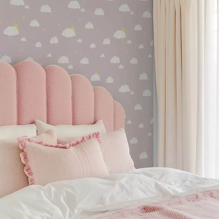 carta da parati Nuvole morbide, stelle e sole su uno sfondo grigio rosato nr. a00652v2