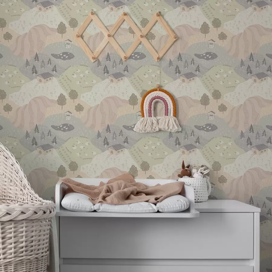 carta da parati Campagna fiabesca con alberi, oche e pecore nr. a00728