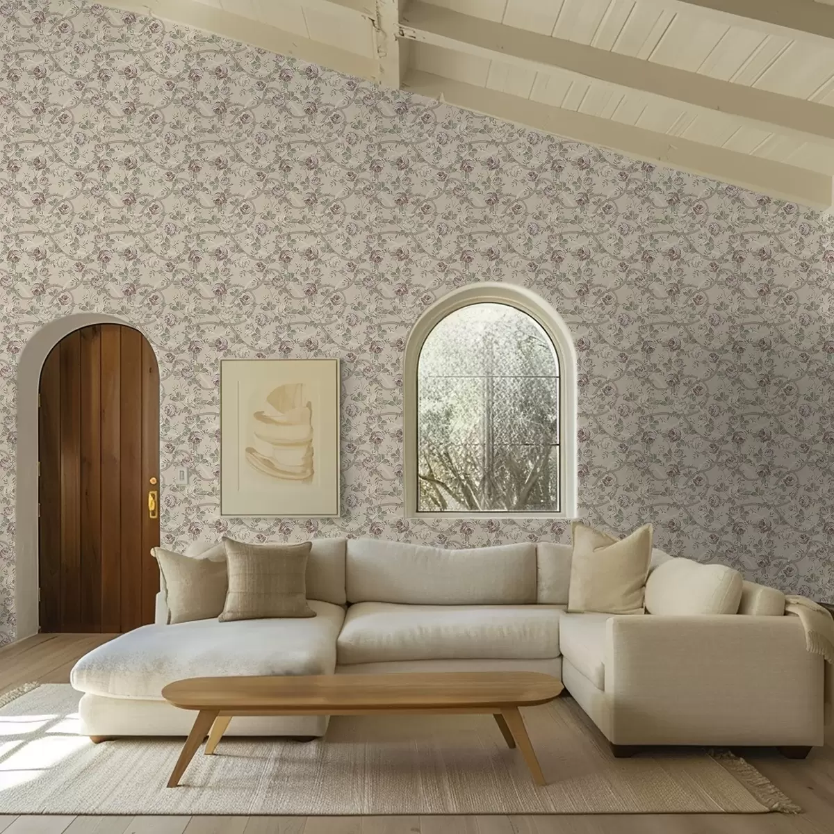 Carta da parati Rose con foglie verdi su una calda base beige a00729