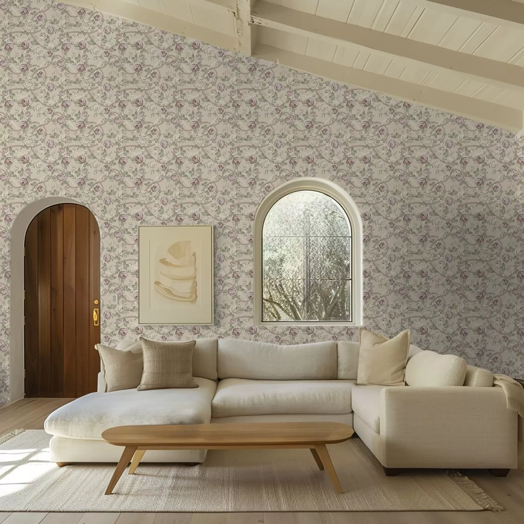 carta da parati Rose con foglie verdi su una calda base beige nr. a00729