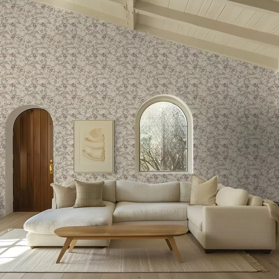 carta da parati Rose con foglie verdi su una calda base beige nr. a00729