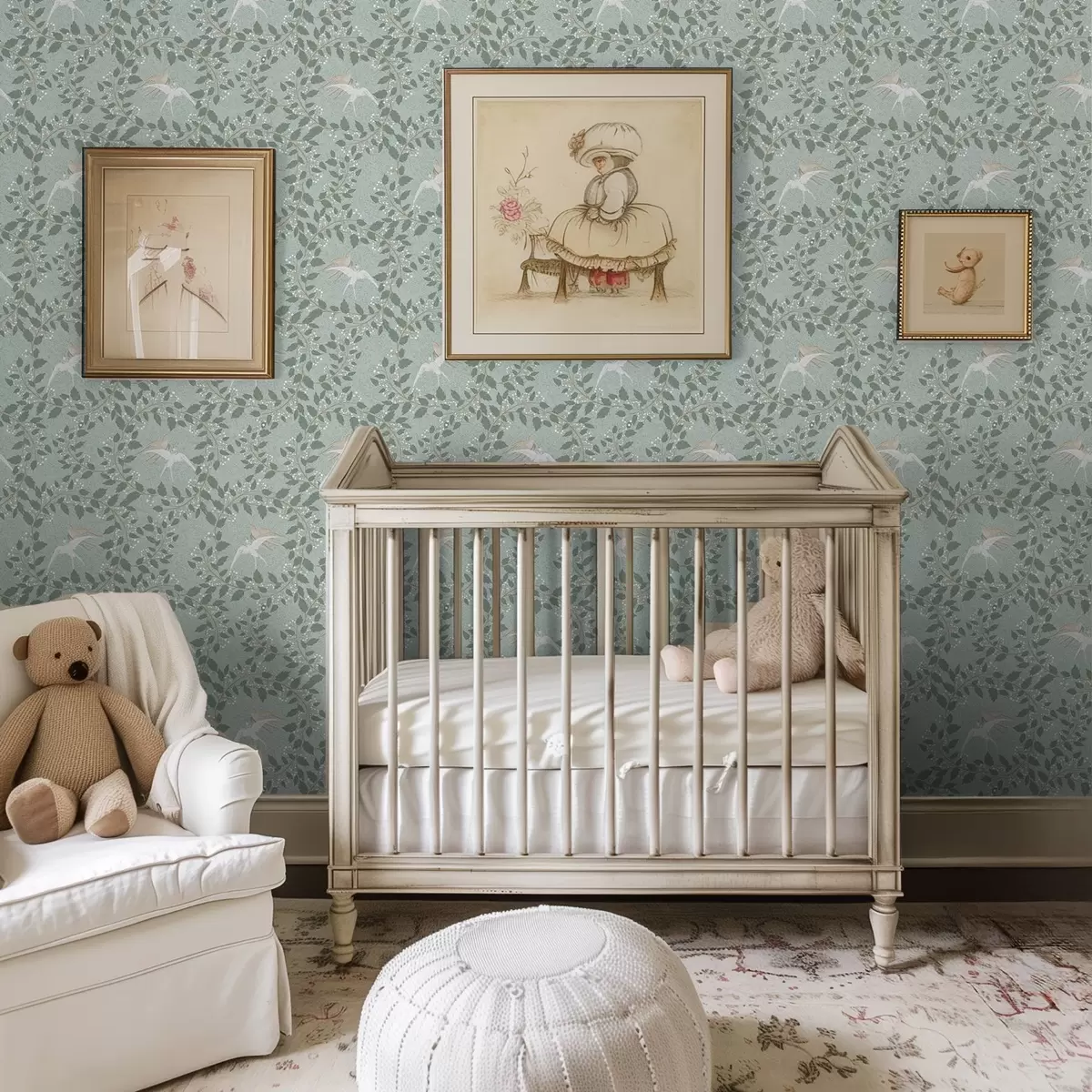 Carta da parati Rami con bacche bianche e uccelli su sfondo verde a00731