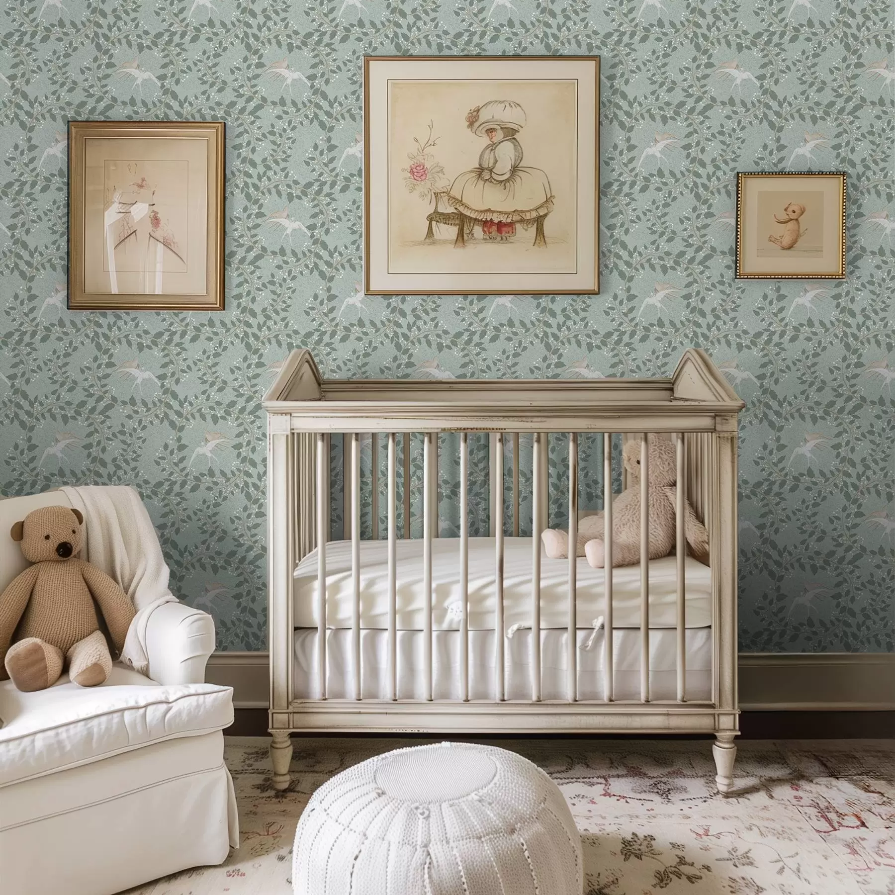 carta da parati Rami con bacche bianche e uccelli su sfondo verde nr. a00731