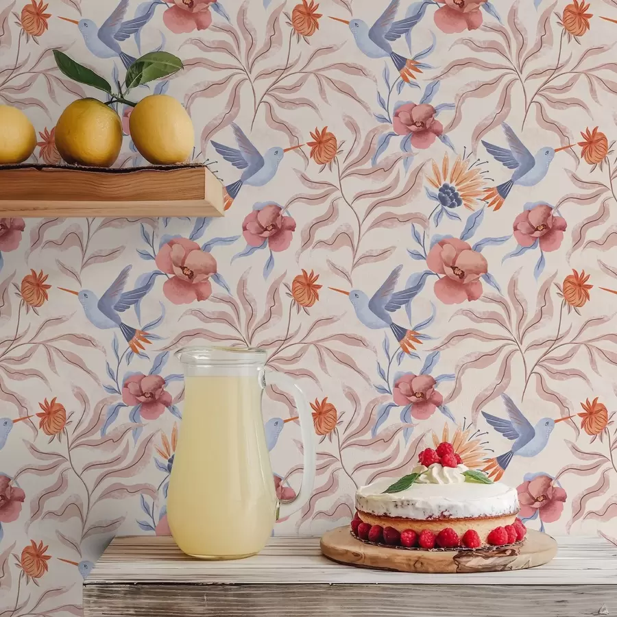 carta da parati Colibrì tra grandi fiori nei toni del rosa e del blu nr. a00733