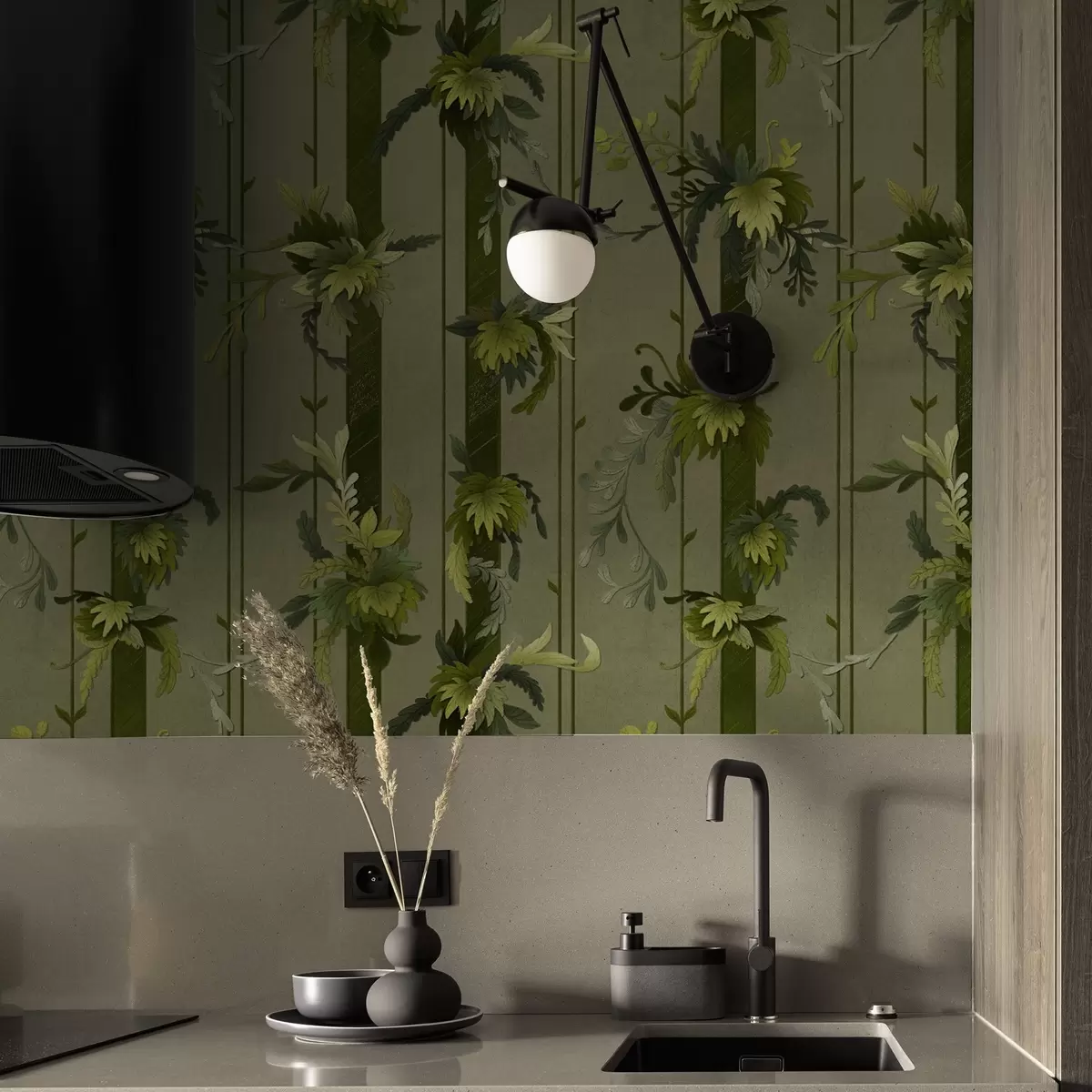 Carta da parati Foglie e grappoli d'uva in tonalità acquerellate verde chiaro a00807