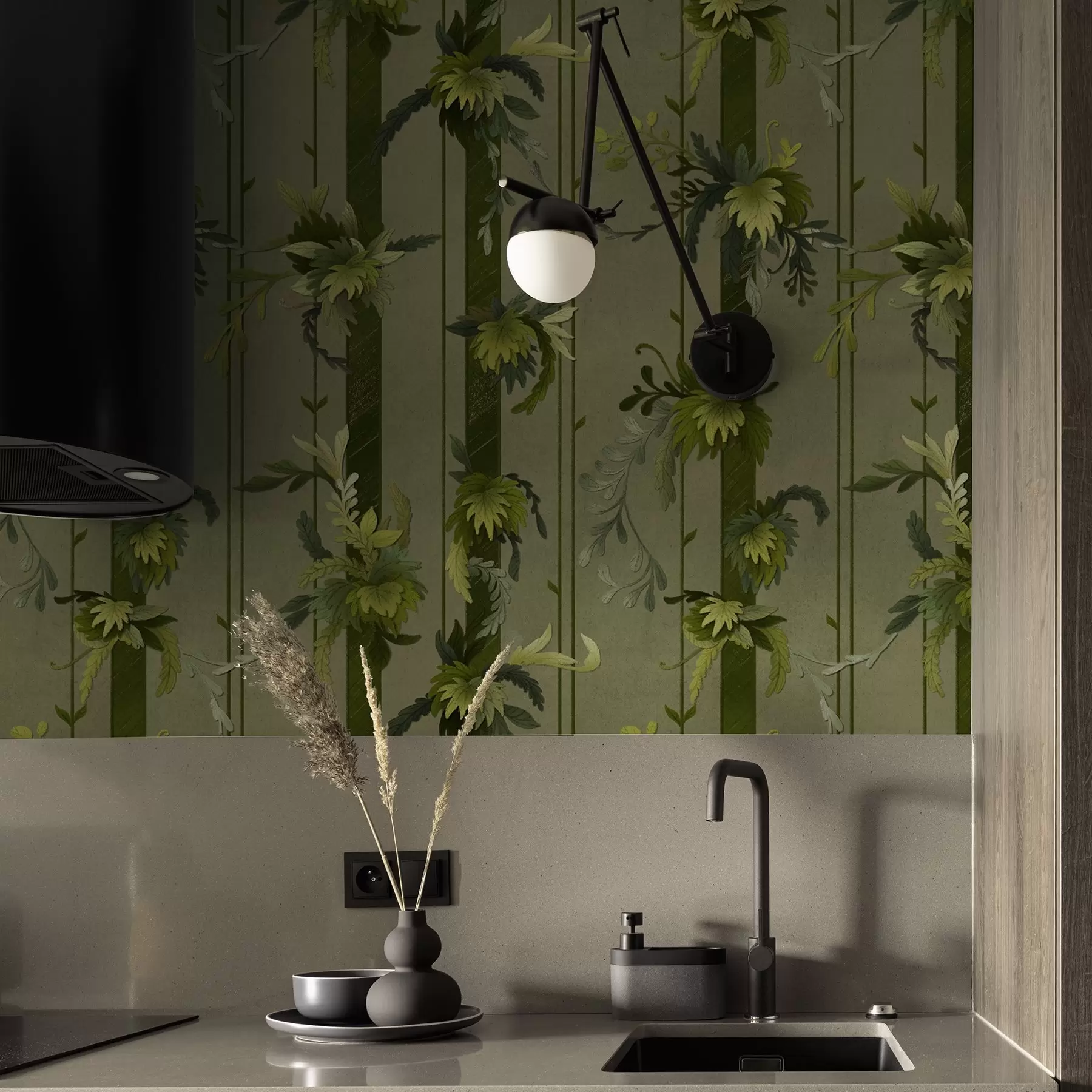 carta da parati Foglie e grappoli d'uva in tonalità acquerellate verde chiaro nr. a00807