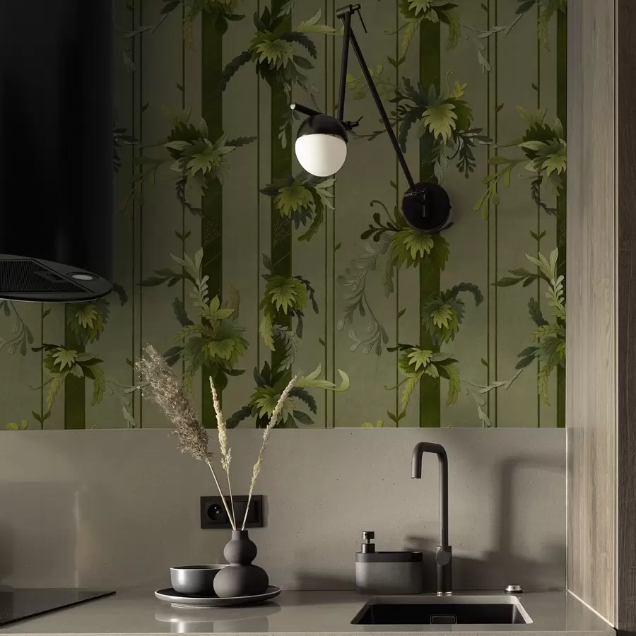 carta da parati Foglie e grappoli d'uva in tonalità acquerellate verde chiaro nr. a00807