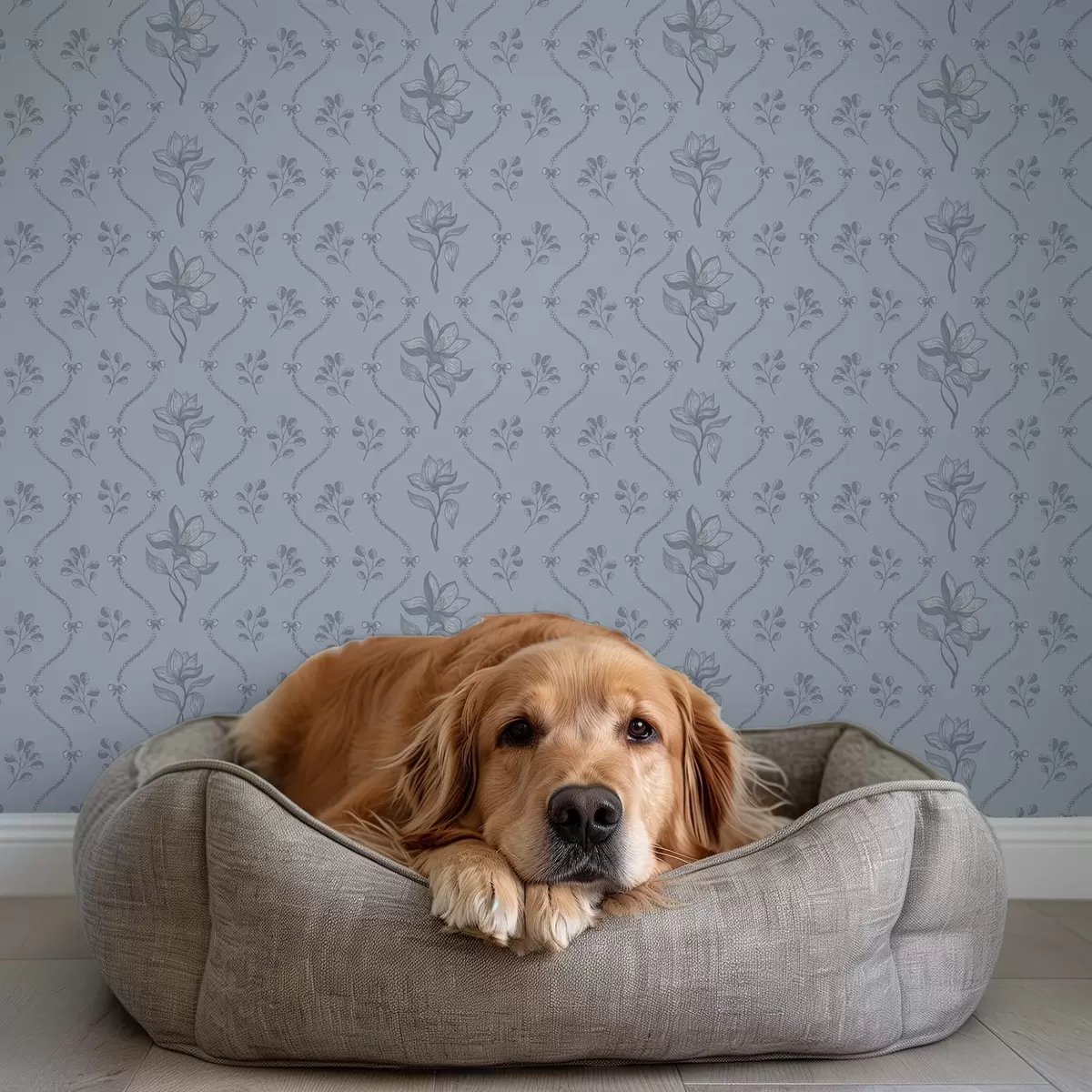 Carta da parati Piccoli fiori e nastri in una palette di colori grigio-blu a00808v2