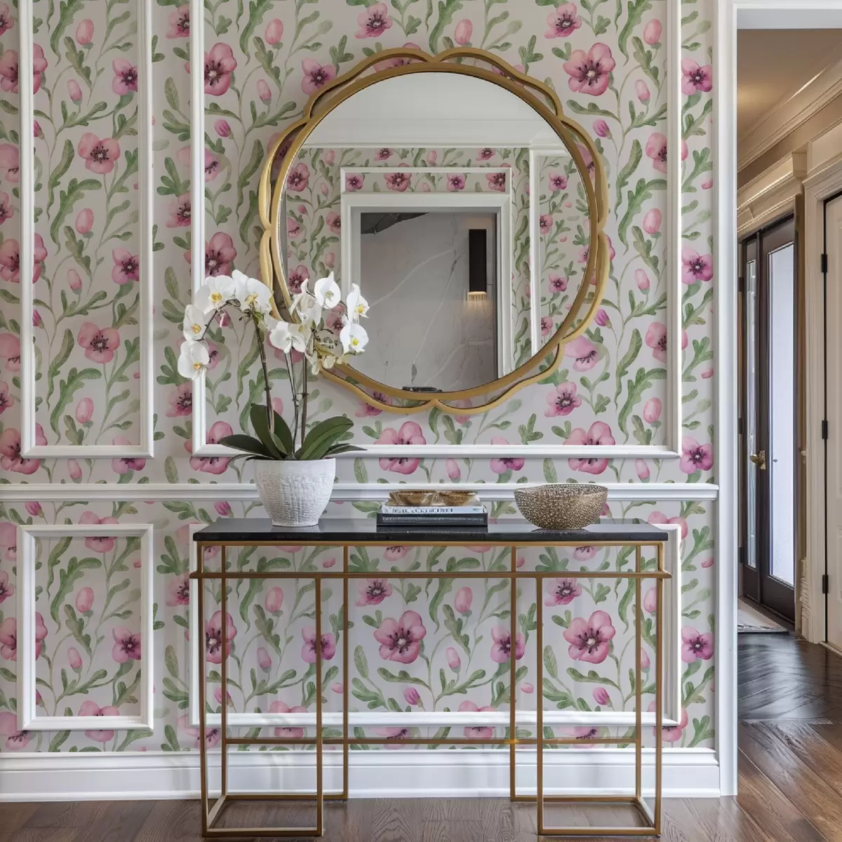 Carta da parati Delicati papaveri rosa con foglie realizzati con la tecnica dell'acquerello a00830