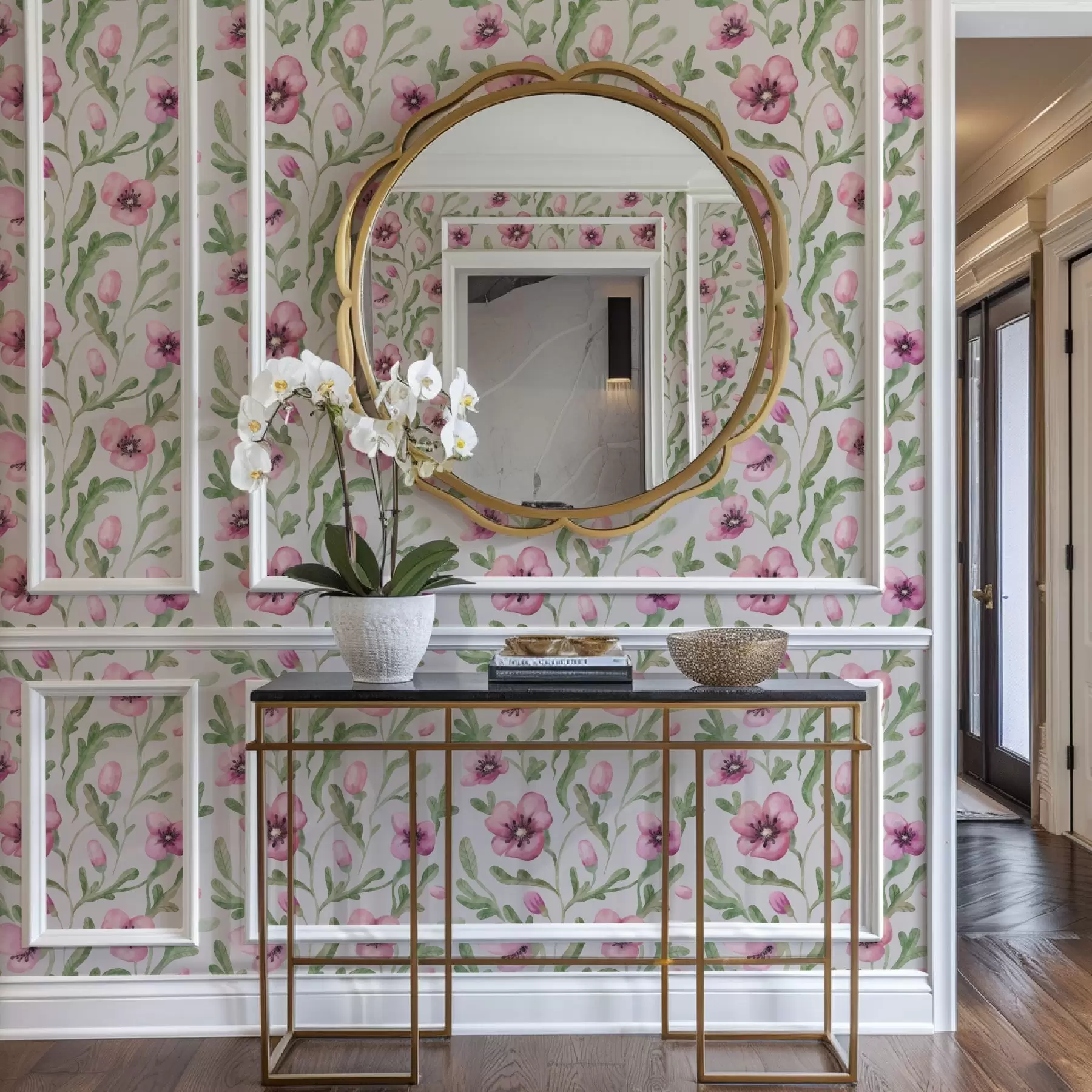 carta da parati Delicati papaveri rosa con foglie realizzati con la tecnica dell'acquerello nr. a00830