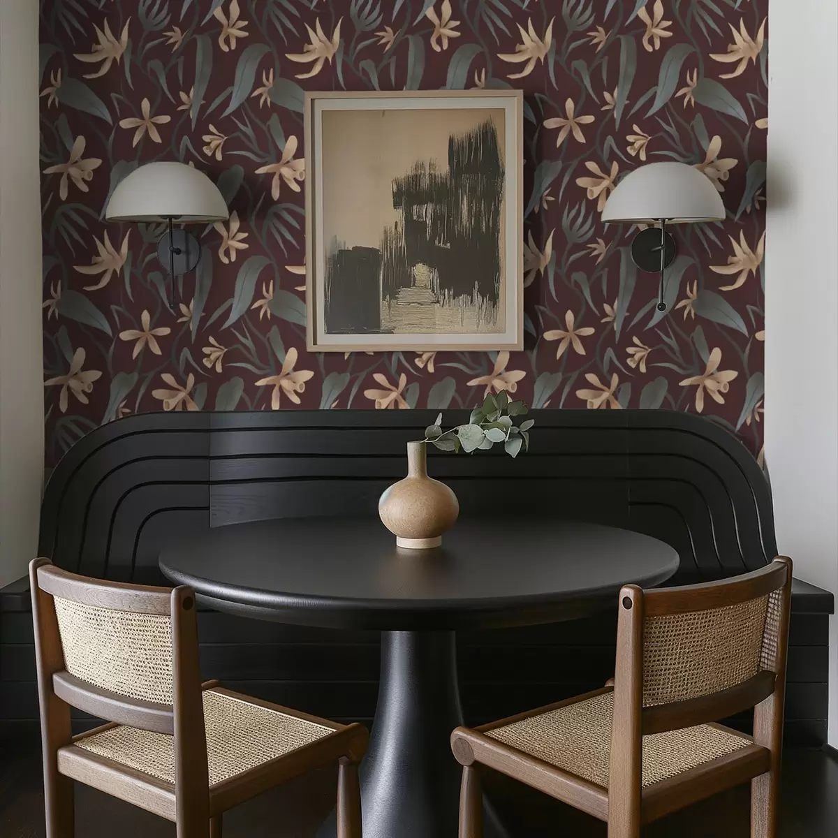 Carta da parati Fiori color crema con foglie grigie su sfondo bordeaux a00833