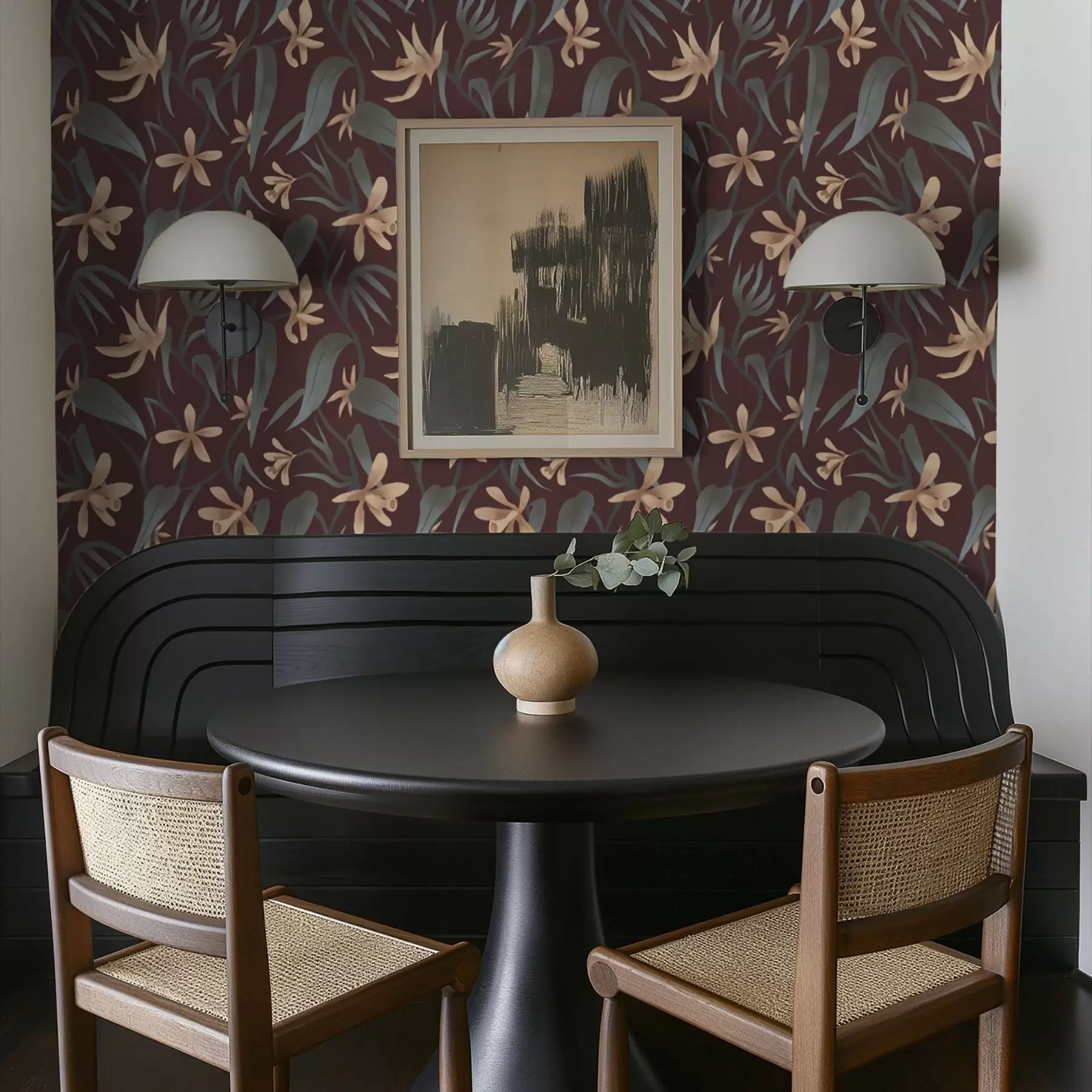 carta da parati Fiori color crema con foglie grigie su sfondo bordeaux nr. a00833