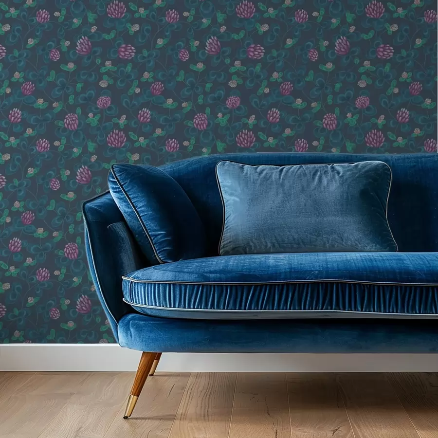 carta da parati Trifoglio con fiori viola su sfondo blu scuro nr. a00836