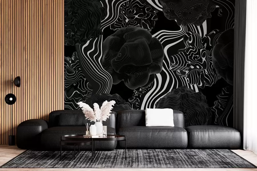 carta da parati forme organiche astratte in stile 3D nei toni del nero con strisce bianche nr. w04628