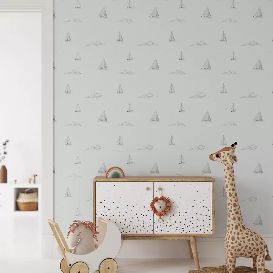 carta da parati Disegna yacht e isole su uno sfondo blu-grigio freddo nr. a00654