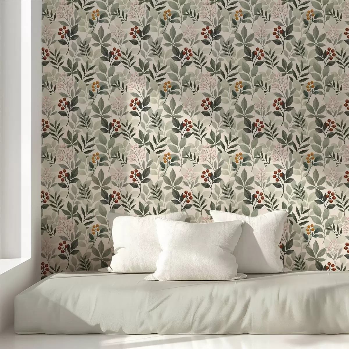 Carta da parati Foglie con bacche, sfondo chiaro a00713