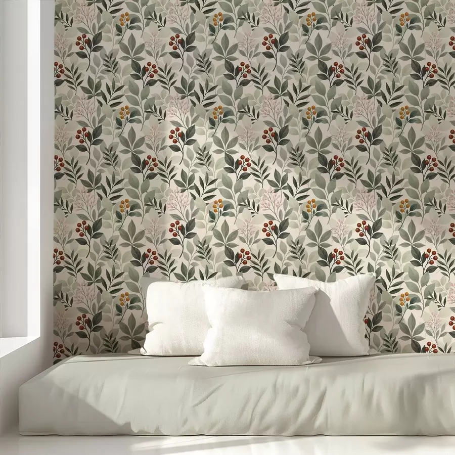 carta da parati Foglie con bacche, sfondo chiaro nr. a00713