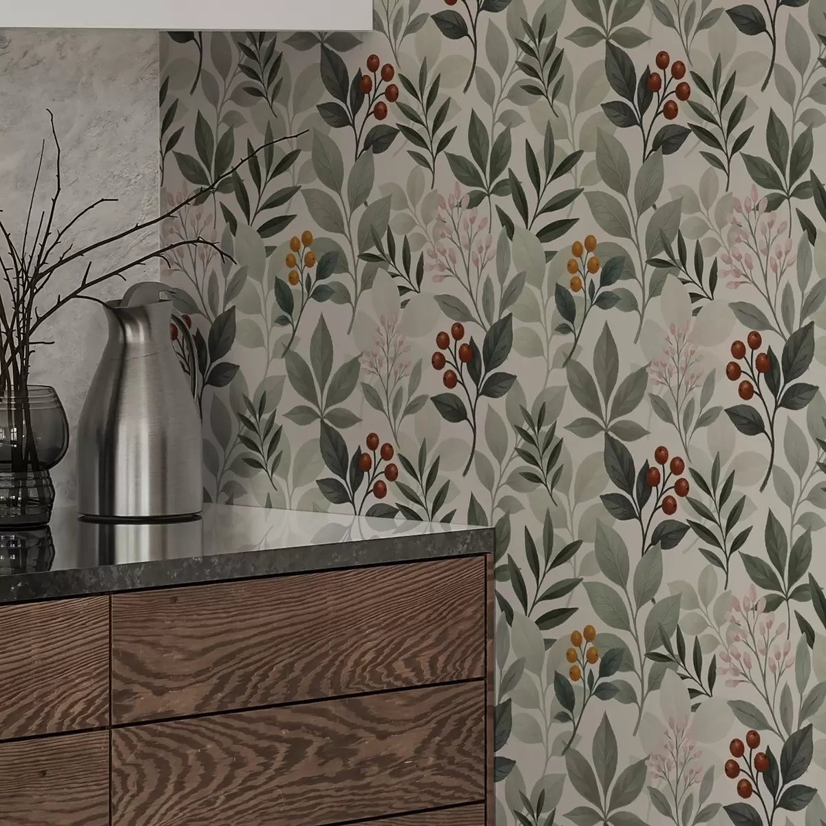 Carta da parati Foglie con bacche, sfondo chiaro a00713