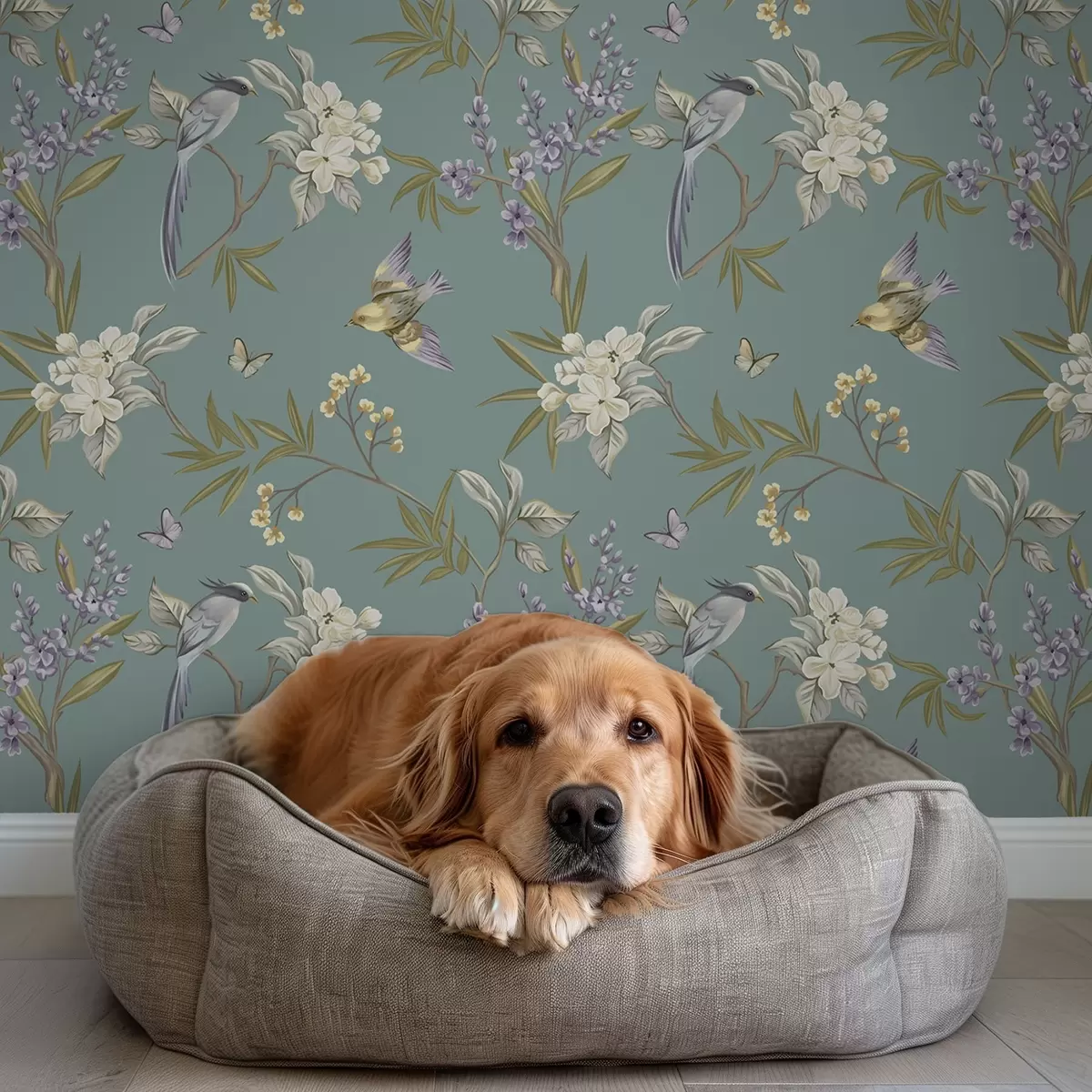 Carta da parati Uccelli, fiori e farfalle su sfondo grigio-blu a00735