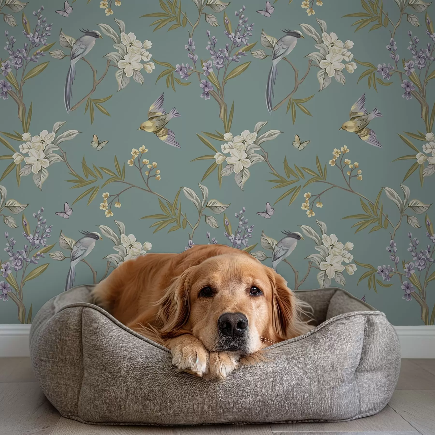 carta da parati Uccelli, fiori e farfalle su sfondo grigio-blu nr. a00735