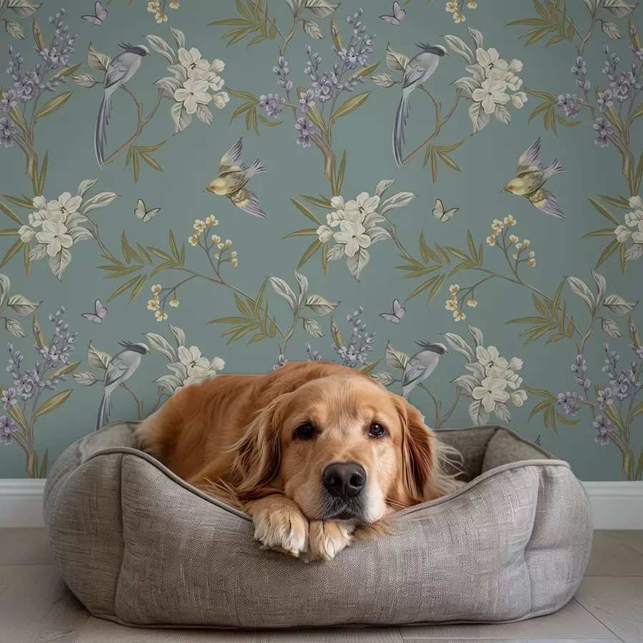 carta da parati Uccelli, fiori e farfalle su sfondo grigio-blu nr. a00735