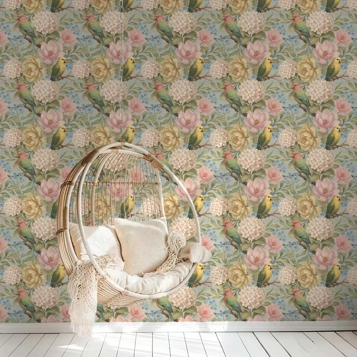 Carta da parati Pappagalli tra peonie, ortensie e magnolie a00747