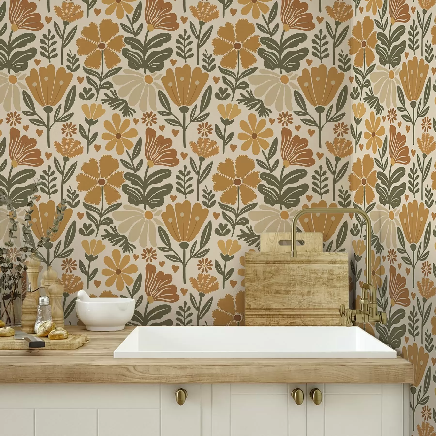 carta da parati Fiori stilizzati in tonalità calde con cuori nr. a00752