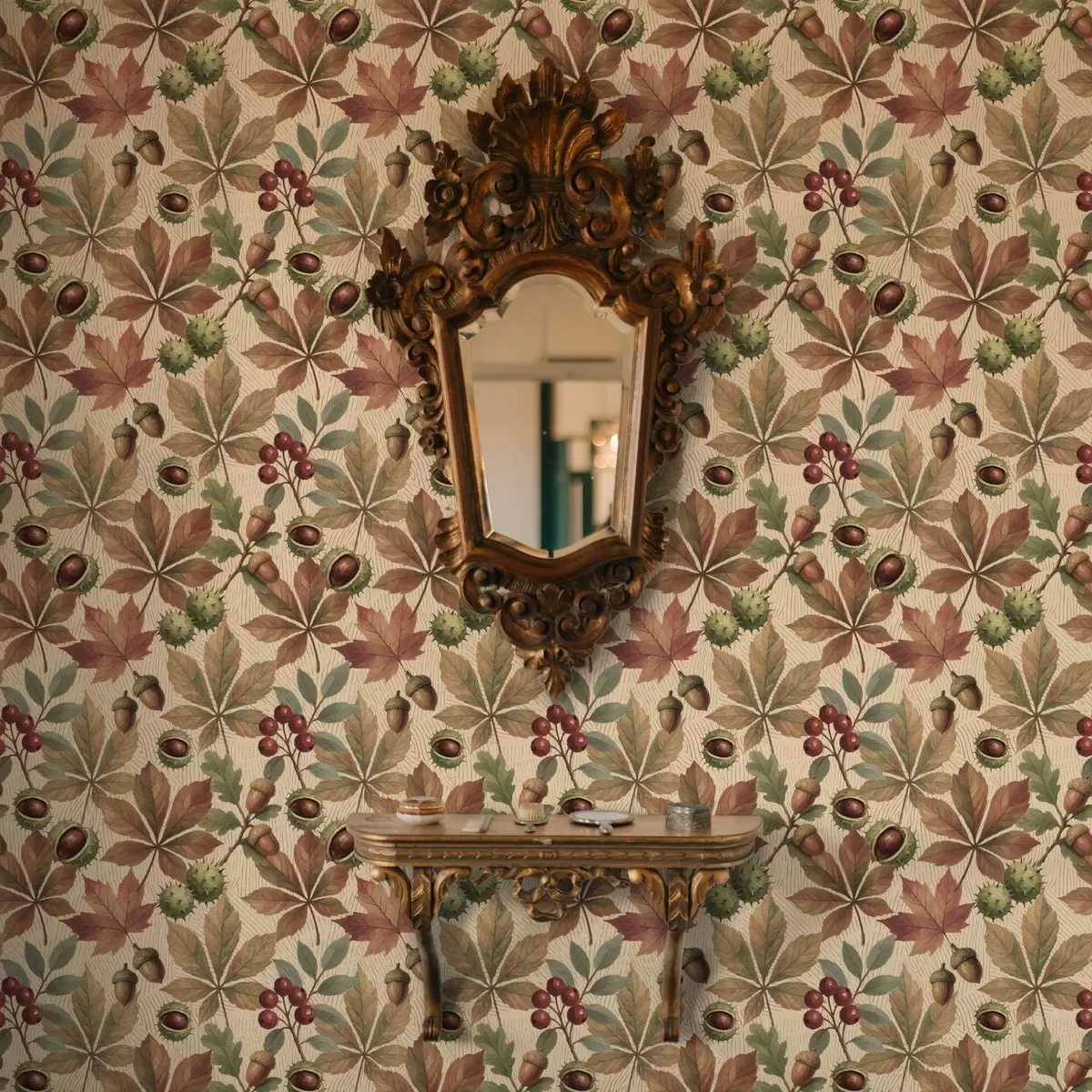 Carta da parati Foglie autunnali, ghiande e bacche su sfondo beige a00754