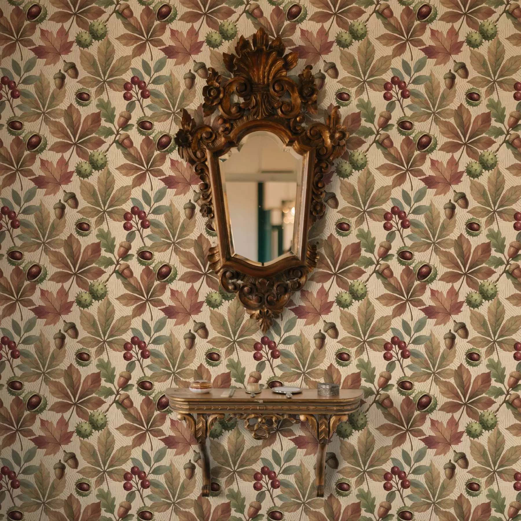 carta da parati Foglie autunnali, ghiande e bacche su sfondo beige nr. a00754