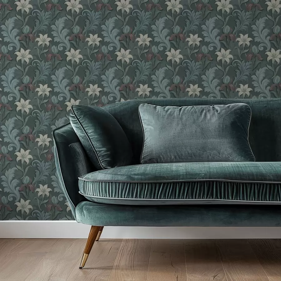 carta da parati Sfondo verde scuro con iris e foglie decorative nr. a00755