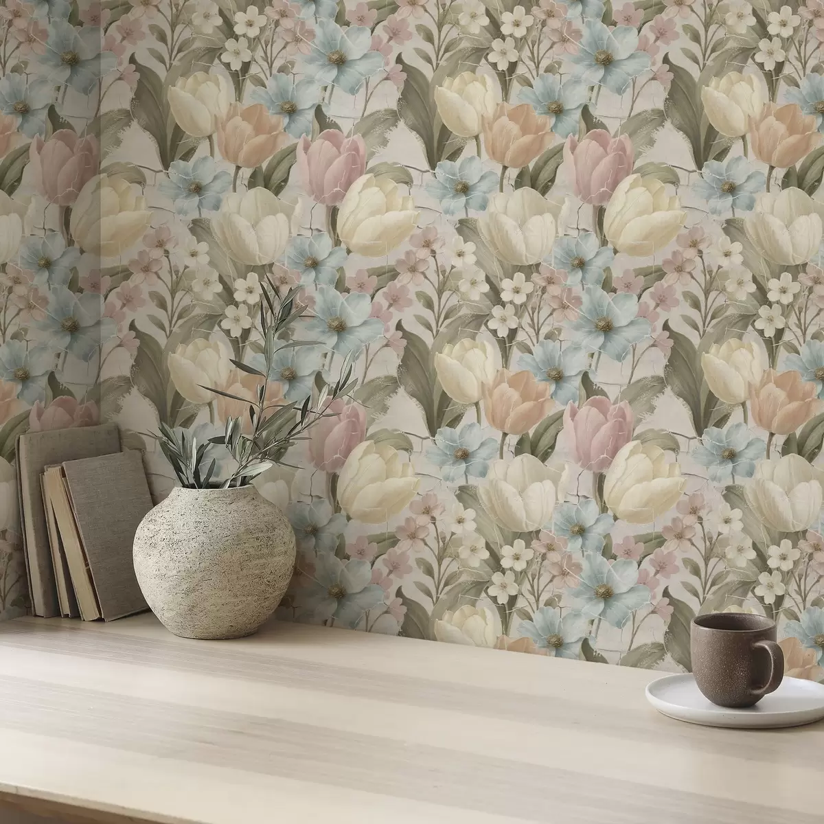 Carta da parati Tulipani e fiori pastello su sfondo chiaro screpolato a00756