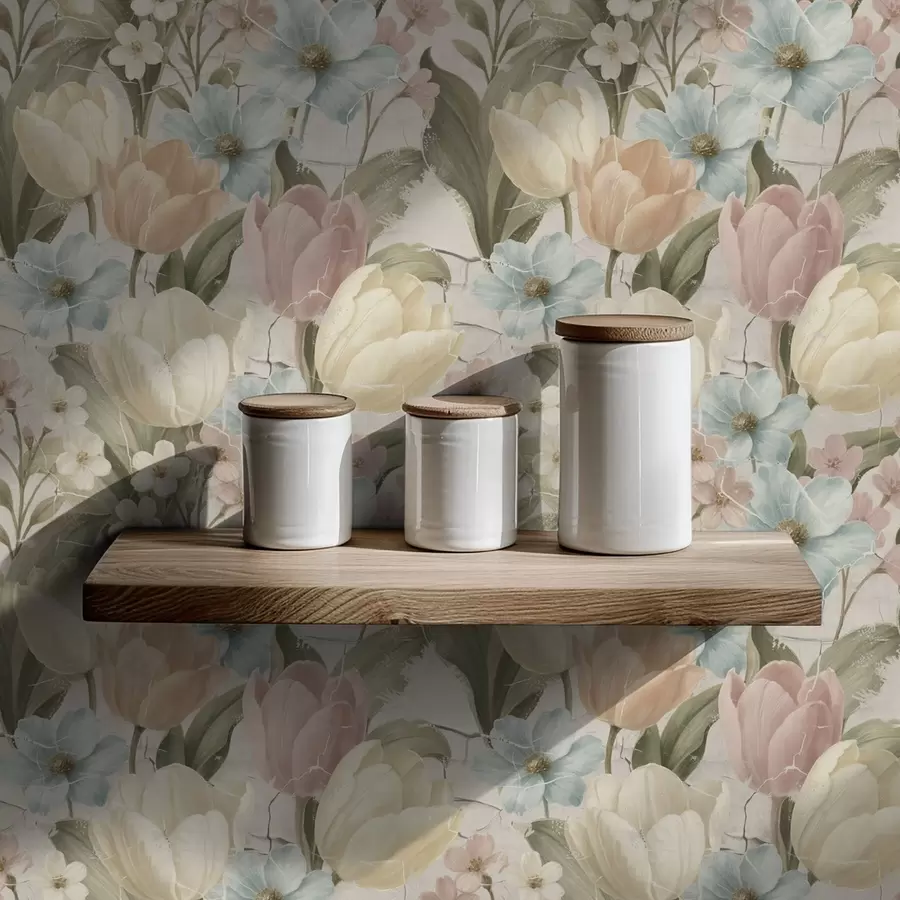 carta da parati Tulipani e fiori pastello su sfondo chiaro screpolato nr. a00756