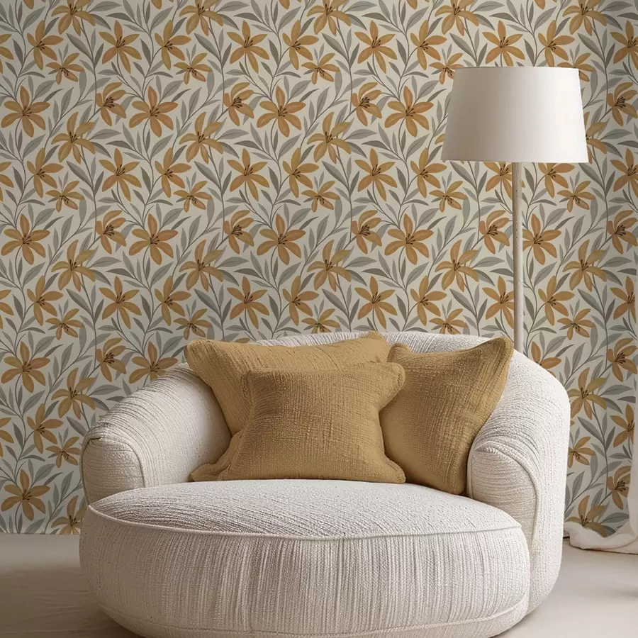 carta da parati Gigli gialli e foglie grigio-verdi su sfondo chiaro nr. a00757