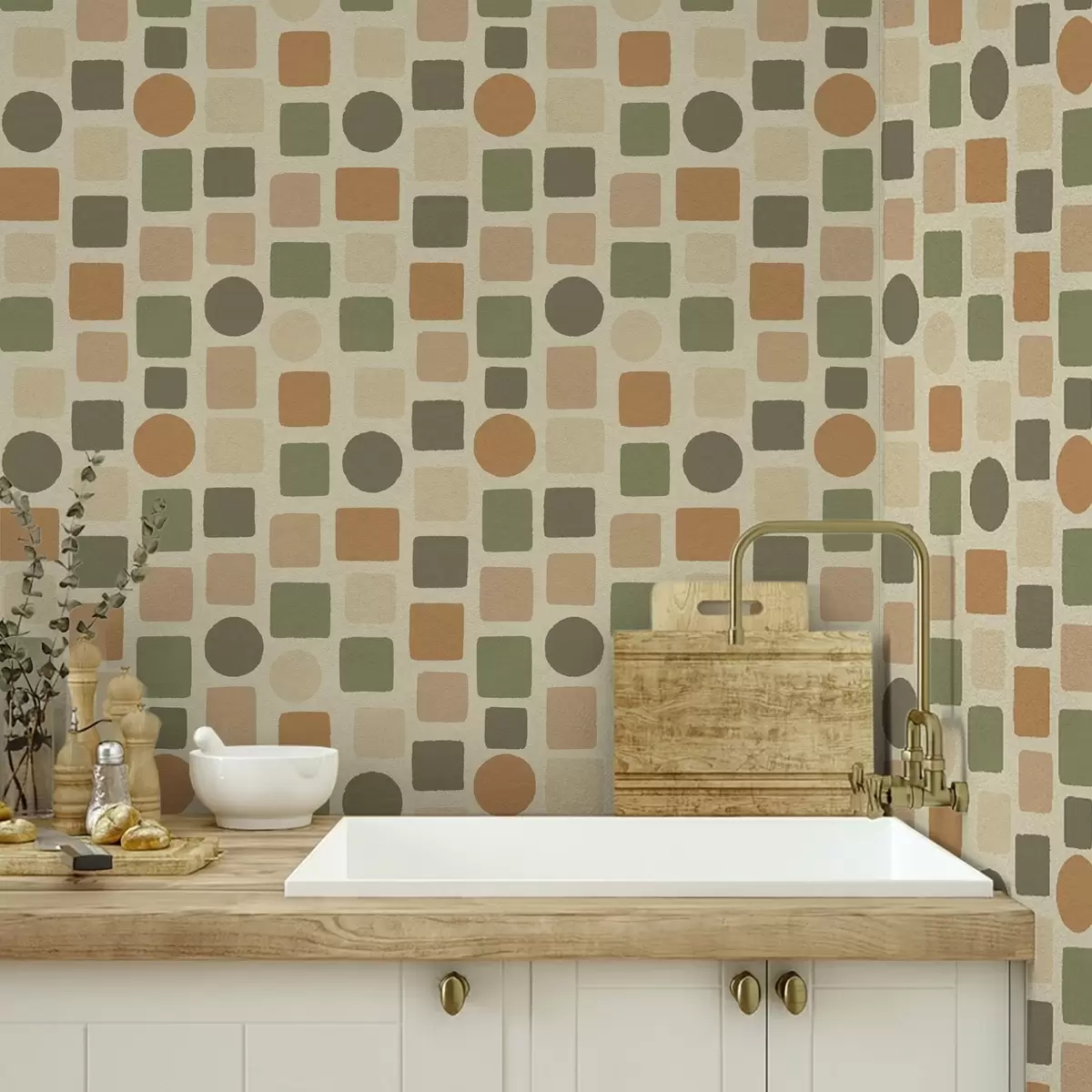 Carta da parati Motivo geometrico di quadrati e cerchi in tonalità calde a00759