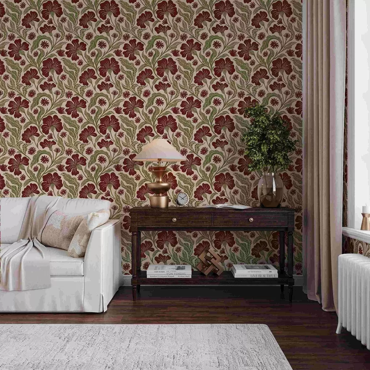 Carta da parati Fiori bordeaux con foglie verdi su sfondo chiaro a00761