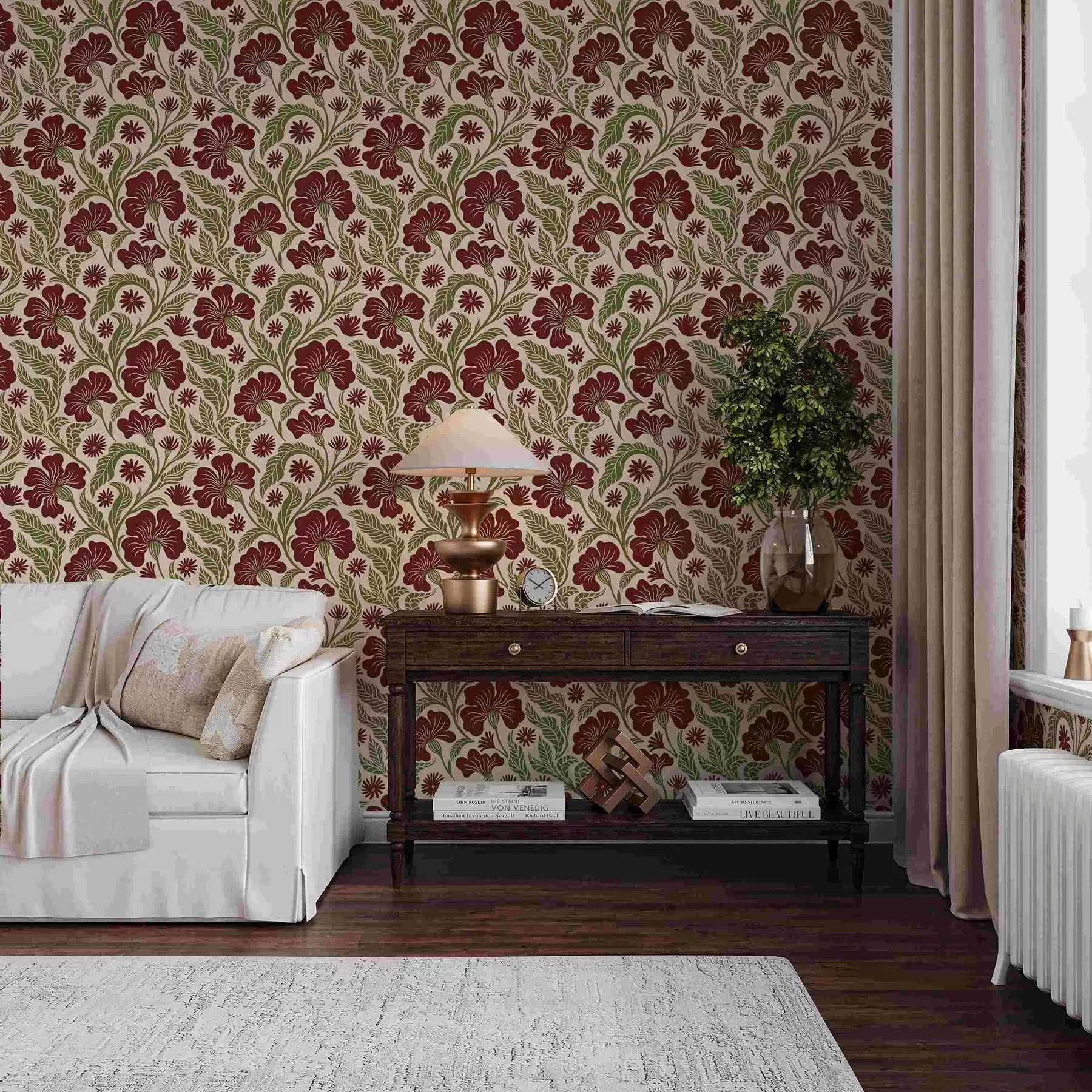 carta da parati Fiori bordeaux con foglie verdi su sfondo chiaro nr. a00761