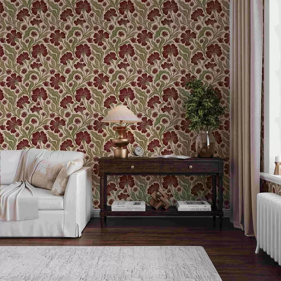 carta da parati Fiori bordeaux con foglie verdi su sfondo chiaro nr. a00761