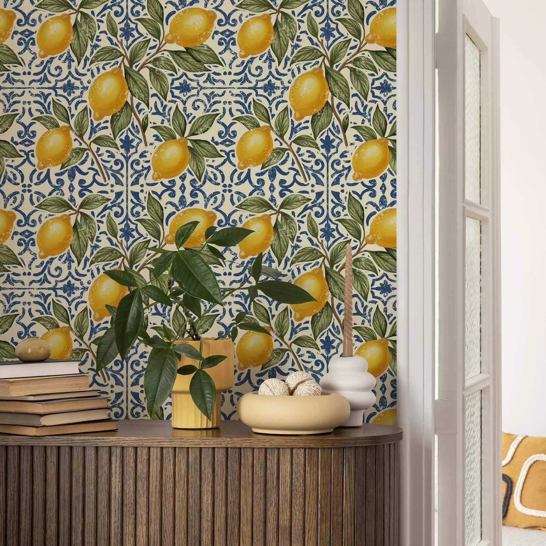carta da parati Rami di limone con sfondo ornamentale blu nr. a00763