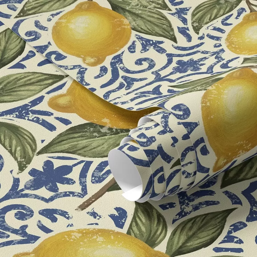 carta da parati Rami di limone con sfondo ornamentale blu nr. a00763