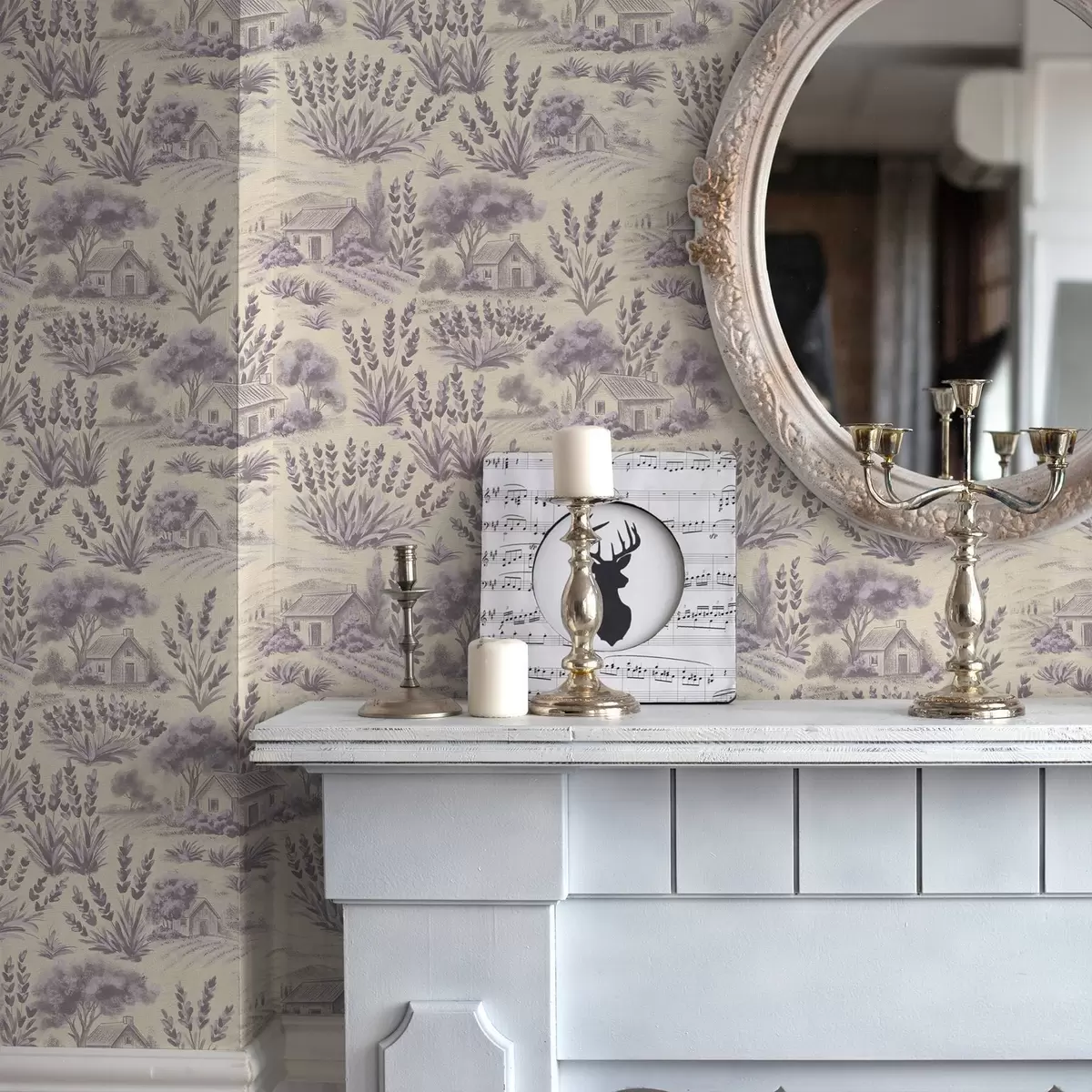 Carta da parati Campi di lavanda e case dai toni pastello a00765