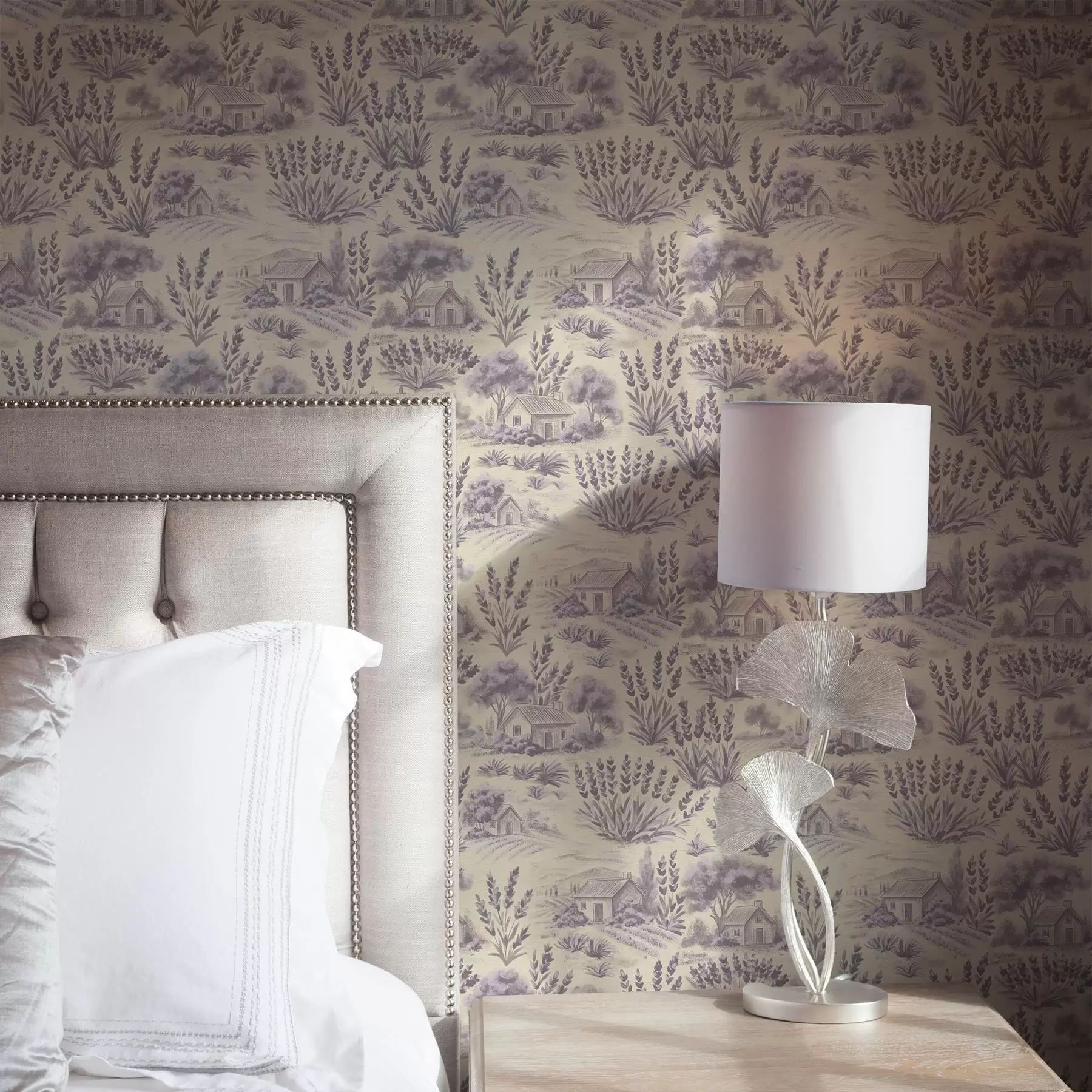 carta da parati Campi di lavanda e case dai toni pastello nr. a00765