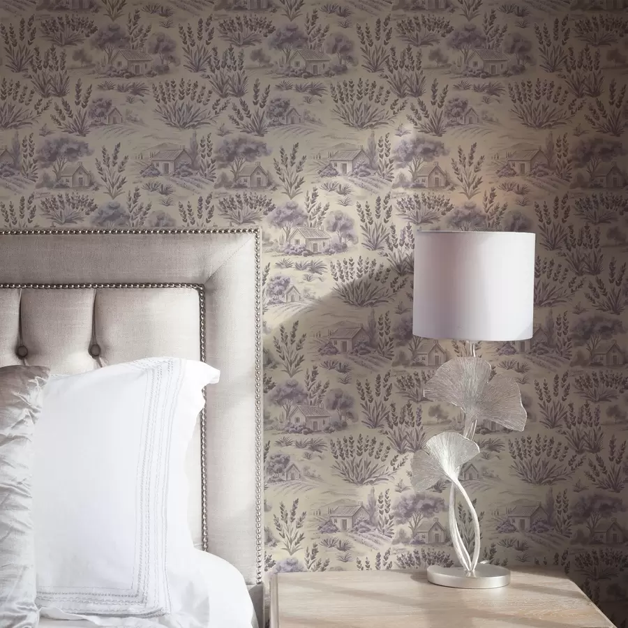 carta da parati Campi di lavanda e case dai toni pastello nr. a00765