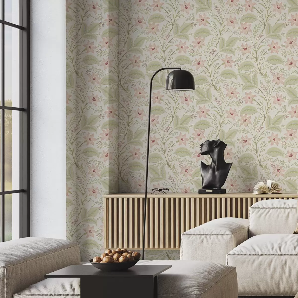 Carta da parati Delicati fiori e foglie dai toni pastello a00771